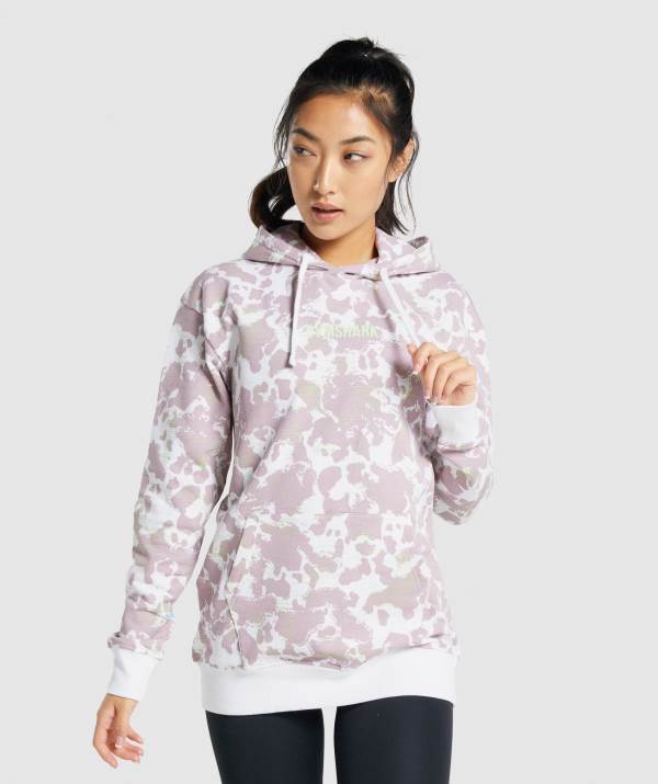 Damske Mikiny S Kapucňou Gymshark Camo Graphic Oversized Biele Nachový | IE3429785